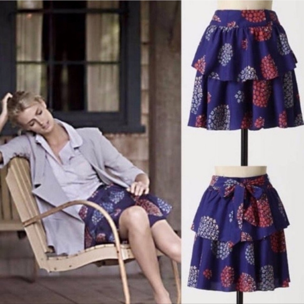 Anthropolgie SILK Odille Felicia Belted Tiered Silk Mini Skirt 12